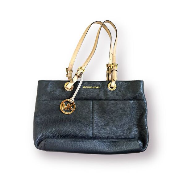 Michael Kors Jet Set Black‎ Pebble Leather Zip Tote Purse Large Shoulder Bag - Picture 1 of 6